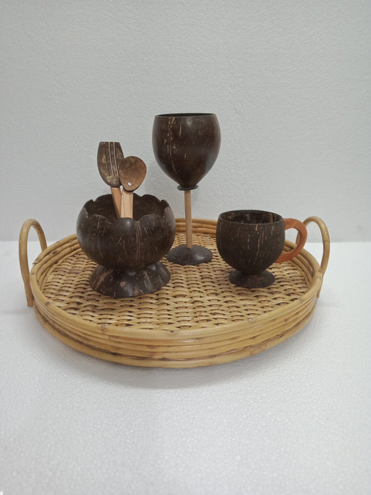 Cane  & Coconut Shell Made  Food  Serving  Set
